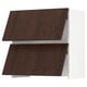 Dark brown wood panel kitchen cabinets, two stacked with metallic handles.