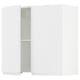 White modern kitchen cabinet, minimalist design. High-gloss finish, rectangular shape. One open door, two shelves.