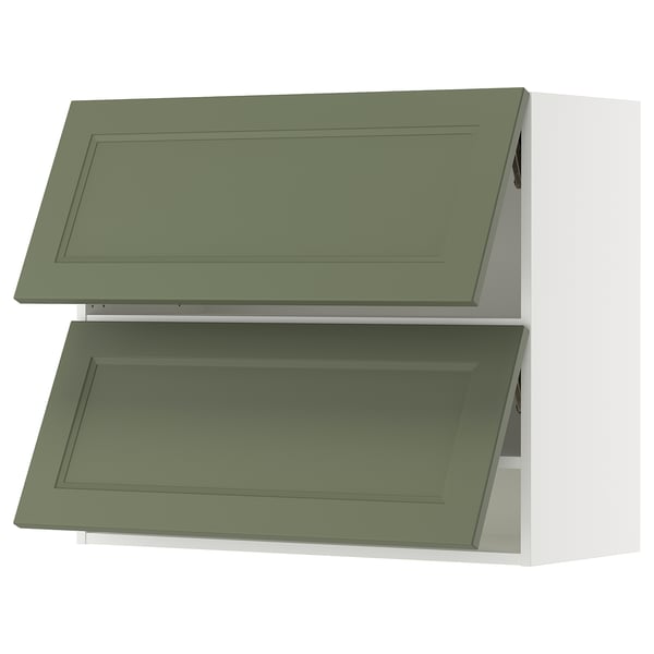 Green kitchen wall cabinets, rectangular, two-tiered design.