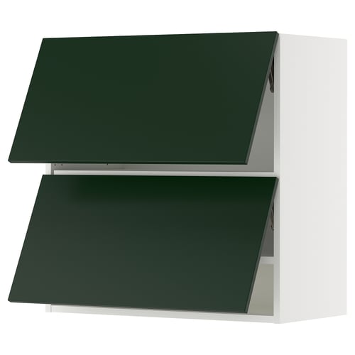 A green ikea SEKTION wall cabinet set with white interiors.