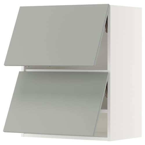 Modern white wall-mounted kitchen cabinet with slanted door panels.