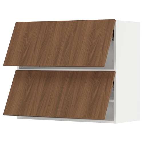 An ikea SEKTION kitchen cabinet with wooden walnut-brown doors and a white frame. The shape is rectangular with two shelves.
