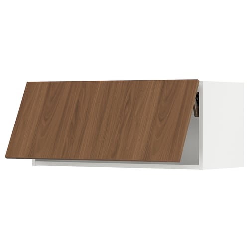 Modern white and walnut wooden kitchen cabinet with sleek design.