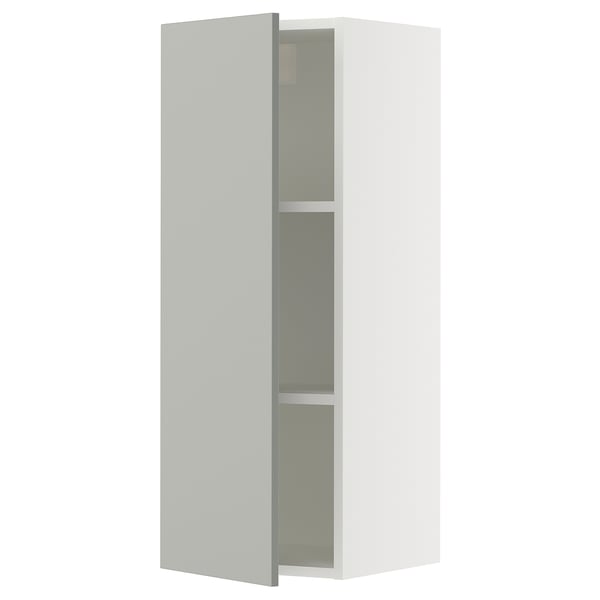 Grey kitchen cabinet, modern, single door, adjustable shelves.