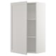 White cabinet with one open door, two shelves, square shape, bevelled edges, simple design.
