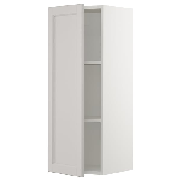 White SEKTION kitchen cabinet, light grey lerhyttan fronts, bevelled edges, adjustable shelves, rectangle shape.
