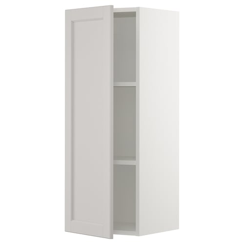 White SEKTION kitchen cabinet, light grey lerhyttan fronts, bevelled edges, adjustable shelves, rectangle shape.
