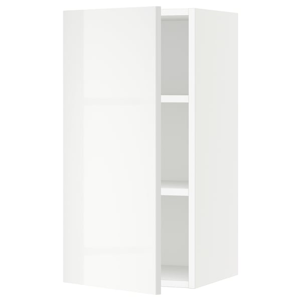 A white SEKTION kitchen wall cabinet with glossy doors and two adjustable shelves. It has a modern, rectangular design with a smooth finish.