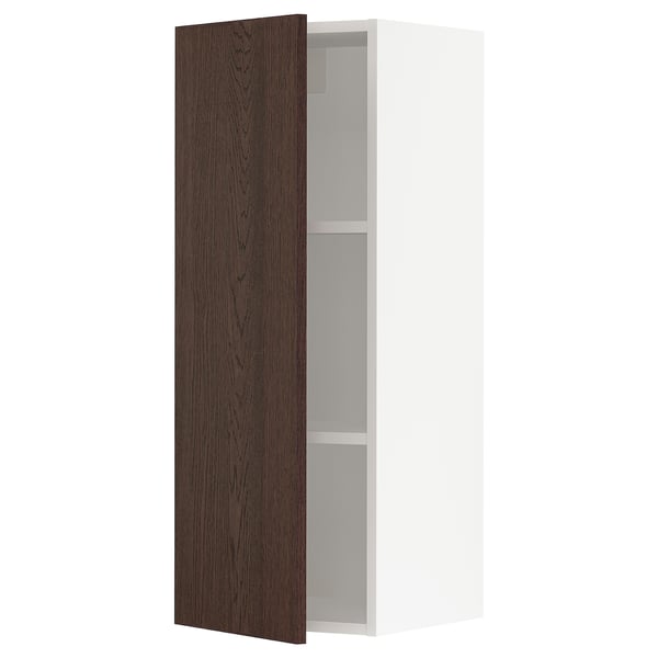Ikea SEKTION dark brown wooden cabinet with white interior and adjustable shelves.