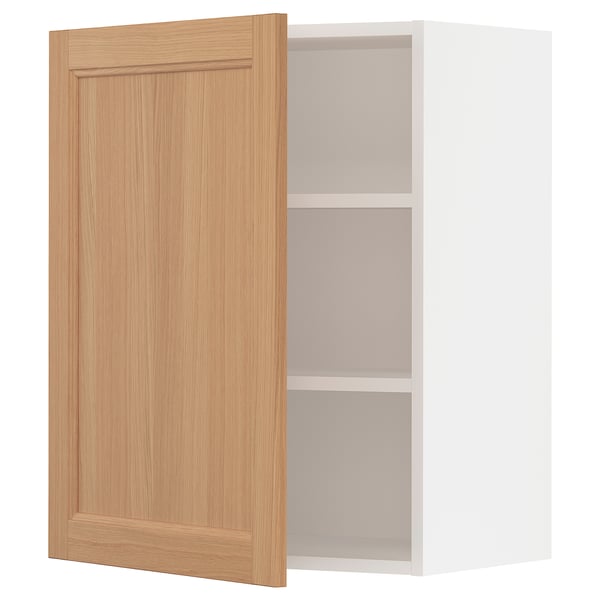 Open oak wooden cabinet door with white shelving. Sleek and modern design, natural finish.