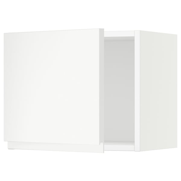 White kitchen cabinet, square, modern design, matte finish, with integrated handle.