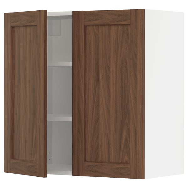 SEKTION kitchen cabinet in walnut, open door showing shelf, adjustable and sturdy.