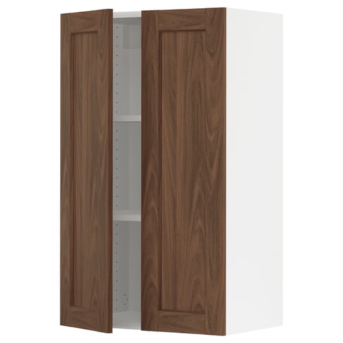 A SEKTION kitchen cabinet with walnut-brown doors, open to reveal adjustable shelves inside.