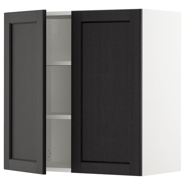 Black kitchen cabinet with one door open, showing shelves inside. Made from stained ash, modern design.