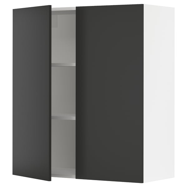 Black and white kitchen cabinet with one door open, revealing adjustable shelves. Modern and sleek design.