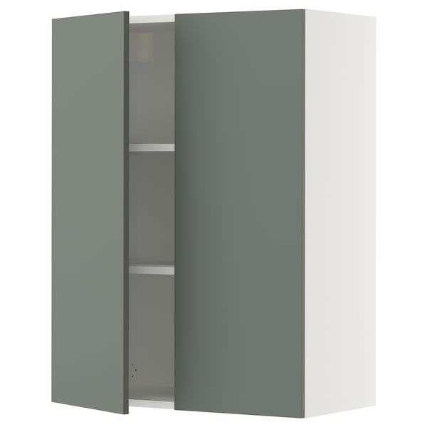 Modern green-grey cabinet, white frame, two doors, adjustable shelves.