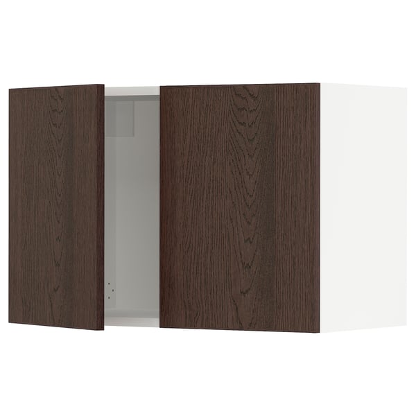 Dark wood cabinet with glass door, oak finish, white interior, wall-mounted.