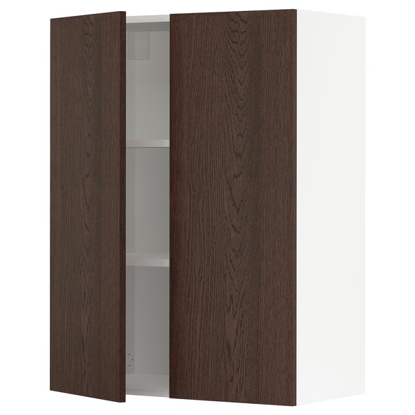 Dark brown wooden cabinet with one open door, showcasing a white interior.
