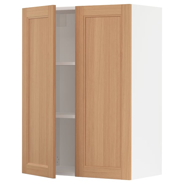SEKTION oak cabinet, white interior, two doors, adjustable shelves, natural wood look.