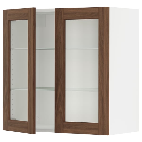 SEKTION kitchen unit, white & walnut, 2 glass doors, 3 shelves.