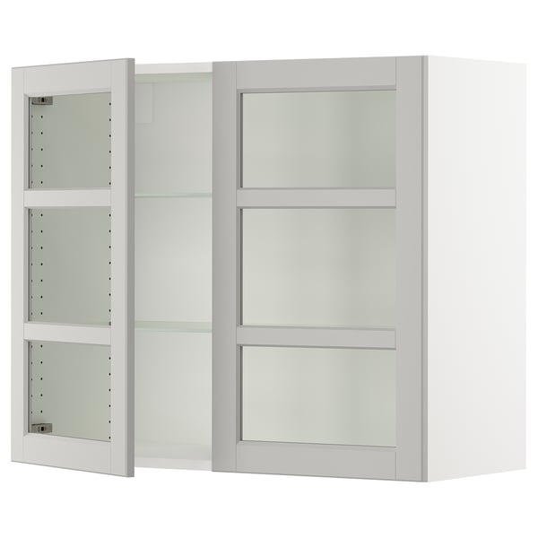 White kitchen cabinet set with frosted glass doors and adjustable shelves.