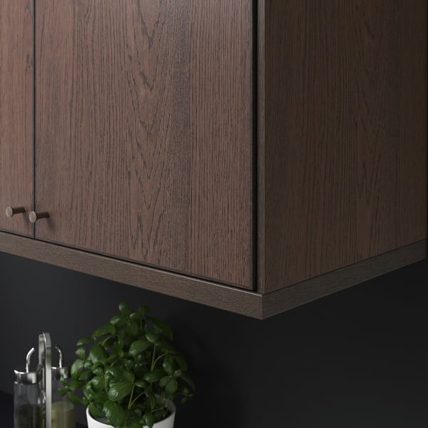 Dark wood cabinet with oak edging; small plant on counter below.