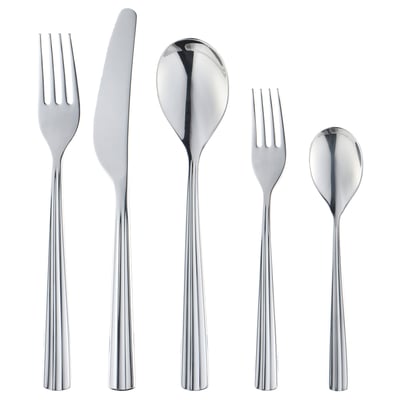 Set of six metallic utensils: fork, knife, spoon, salad fork, tea spoon. Sleek, shiny design, all stainless steel.
