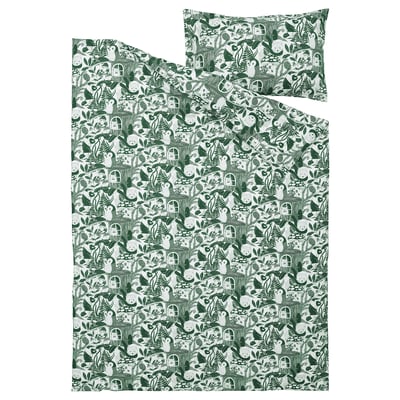 Green forest-themed duvet cover. Illustrates hedgehog, fox, owl tea-party. Cotton, viscose. Rectangular with pillowcase. Playful design.