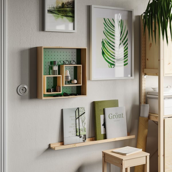 SKOGSMOSAIK shelf: adjustable inner shelves, playful style, fibreboard, pine