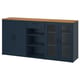 A blue SKRUVBY sideboard with oak top, featuring cabinets and glass doors, perfect for storage.