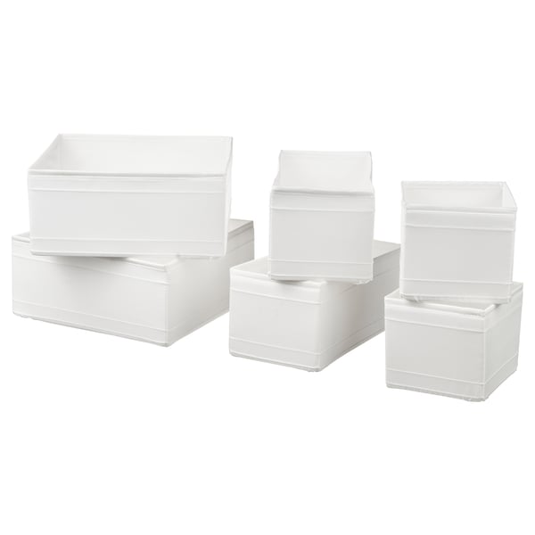Six white rectangular organiser boxes stacked in various formations, suitable for storage of small items like socks and accessories.