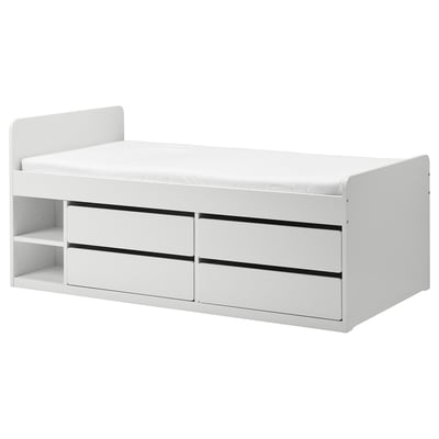 A white SLÄKT bed with storage drawers, perfect for teens, featuring soft edges and a clean design.