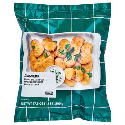 Plant-based IKEA SLAGVERK nuggets, 500g, in green packaging with golden, breaded nuggets on a label.