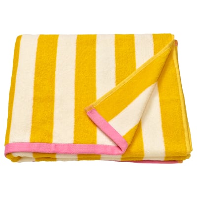 Bright yellow and white striped towel with pink edges, folded.