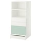 SMÅSTAD white bookshelf with frosted glass door, open shelves, and drawers for storage.
