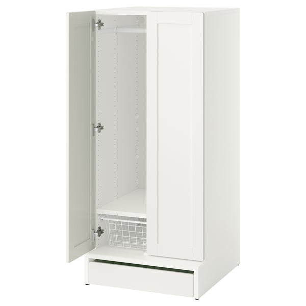 A white SMÅSTAD wardrobe with one open door, revealing an adjustable interior.