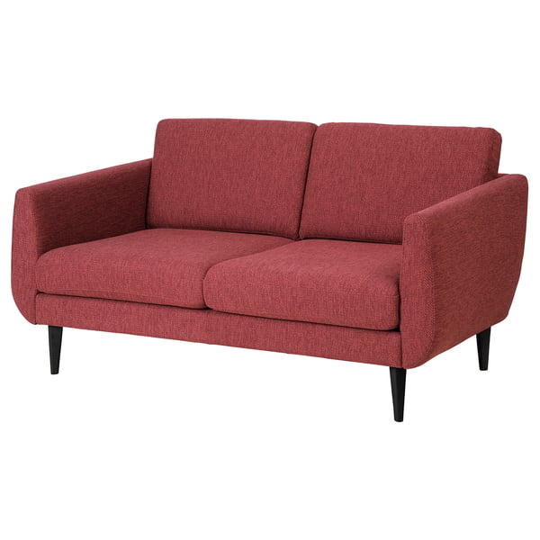 A SMEDSTORP red fabric loveseat with black legs, a modern retro style with soft curves, and high resilience foam cushions for comfort.