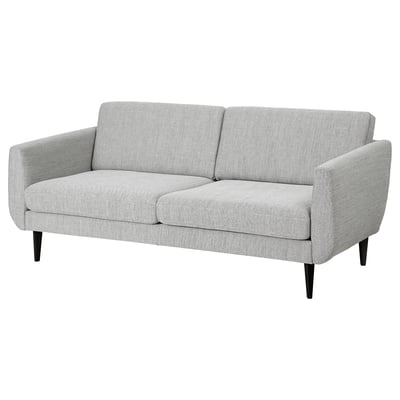 A light grey SMEDSTORP sofa with sleek, curved lines and tapered black legs, perfect for modern comfort and retro style.