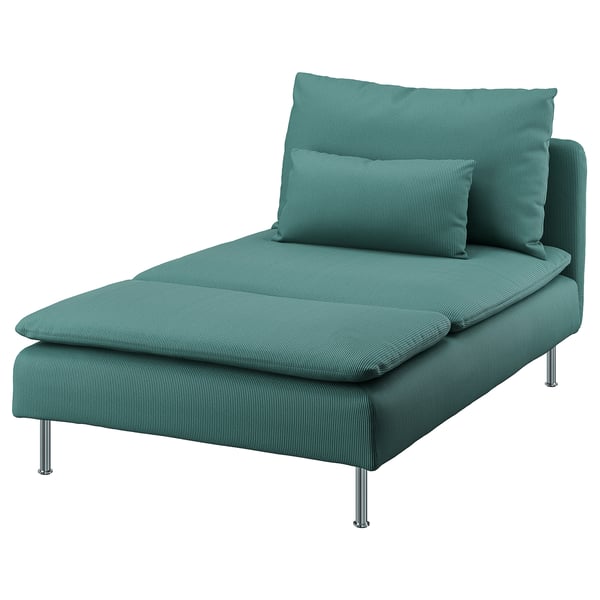Soft, teal SÖDERHAMN chaise longue with striped fabric, metal legs, back pillows, and reclined seat. Modern, inviting design.