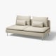 Modern beige l-shaped sofa, light grey, fabric, clean lines, low back & legs.