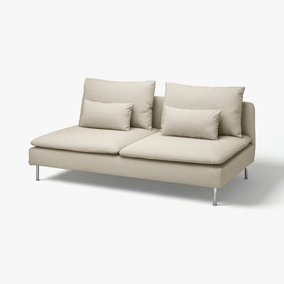 Modern beige l-shaped sofa, light grey, fabric, clean lines, low back & legs.
