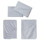 Three blue-striped cotton bed linens. Includes sheets and pillowcases. Decorative edge design.