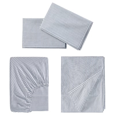 Three blue-striped cotton bed linens. Includes sheets and pillowcases. Decorative edge design.
