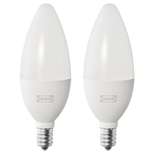 Two identical white IKEA light bulbs with frosted glass, labelled SOLHETTA, in a simple design.
