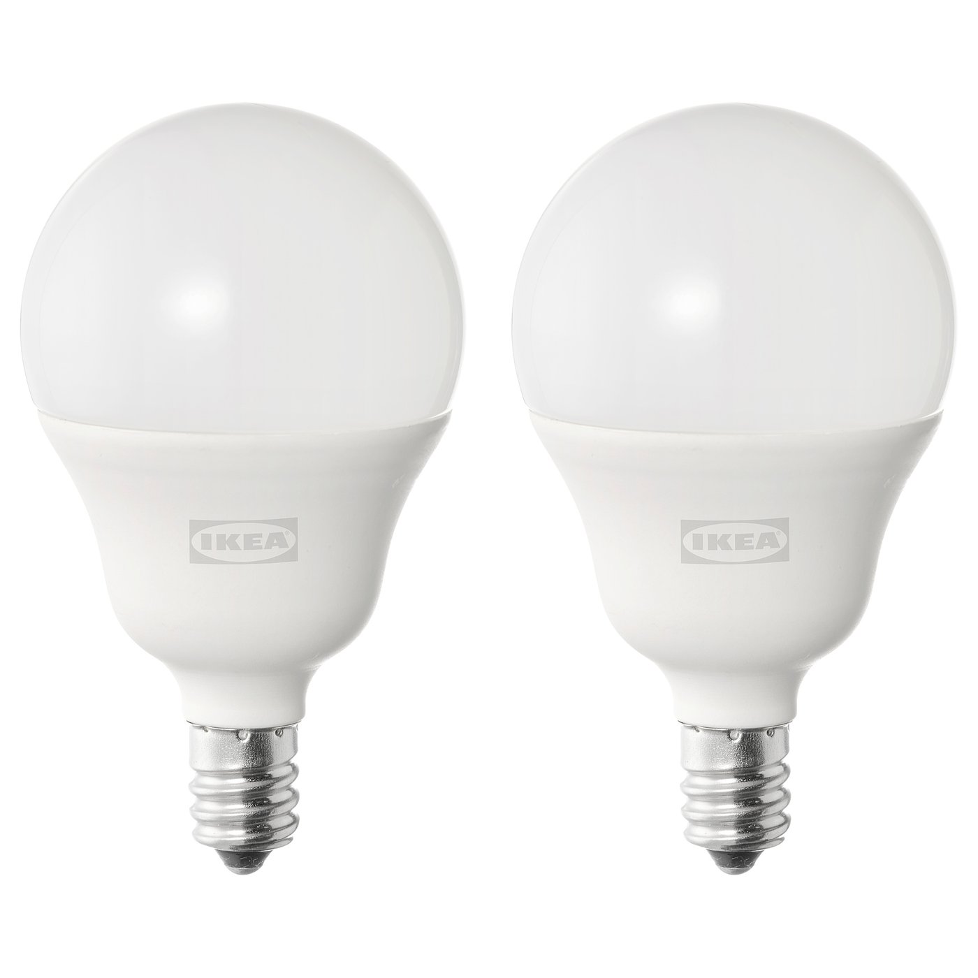 Two ikea SOLHETTA led bulbs, white color, spherical shape, standing upright, branding visible.