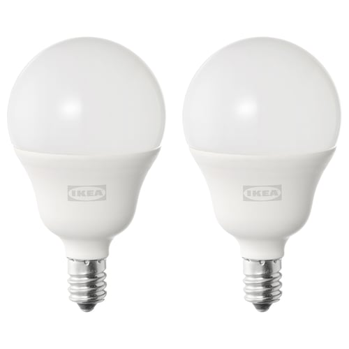 Two ikea SOLHETTA led bulbs, white color, spherical shape, standing upright, branding visible.