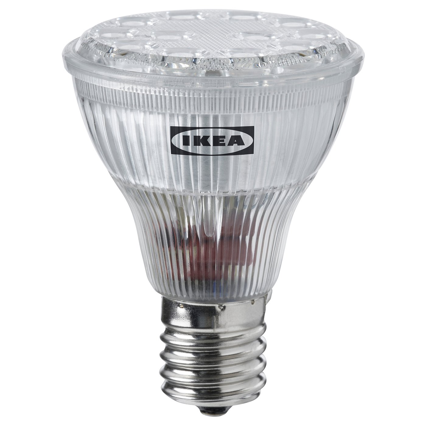 IKEAs SOLHETTA led bulb, warm-white, plastic, rounded, ribbed design for durability.