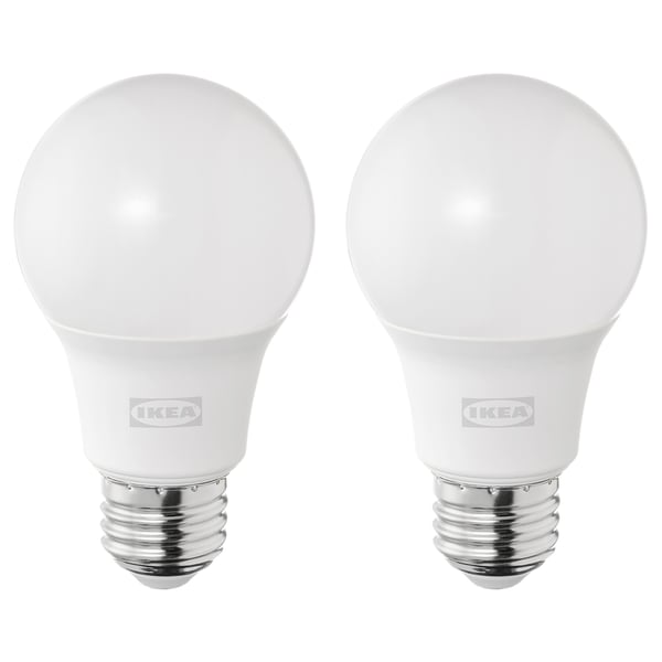 Two SOLHETTA led bulbs, bright white, spherical shape, chrome base, ikea brand.