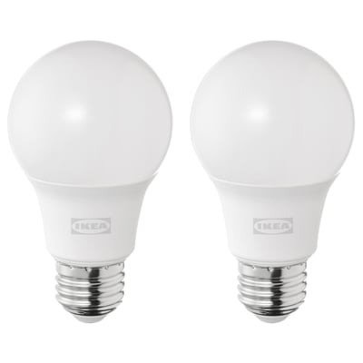 Two SOLHETTA led bulbs, bright white, spherical shape, chrome base, ikea brand.