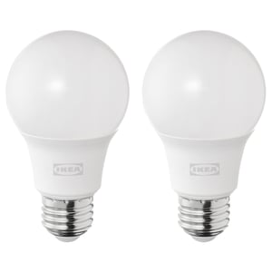 Two SOLHETTA led bulbs, bright white, spherical shape, chrome base, ikea brand.